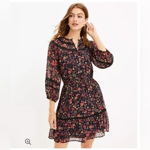 Loft, Floral Tiered Button Dress, Black and Red, Size Large